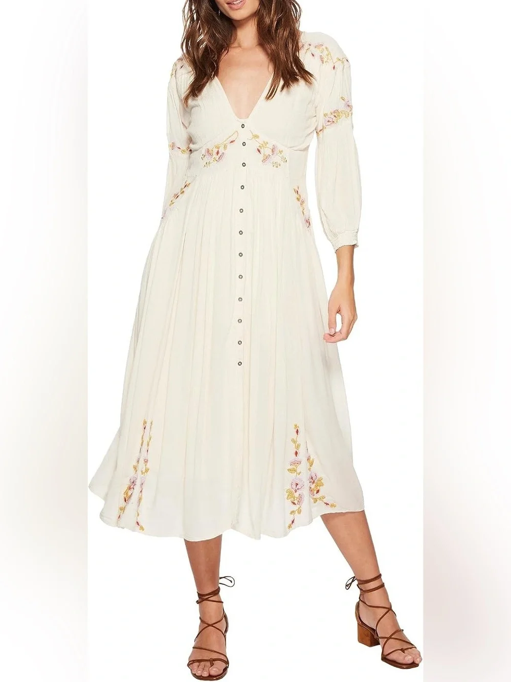 Free People Day Glow Midi Floral Embroidered Cream Dress